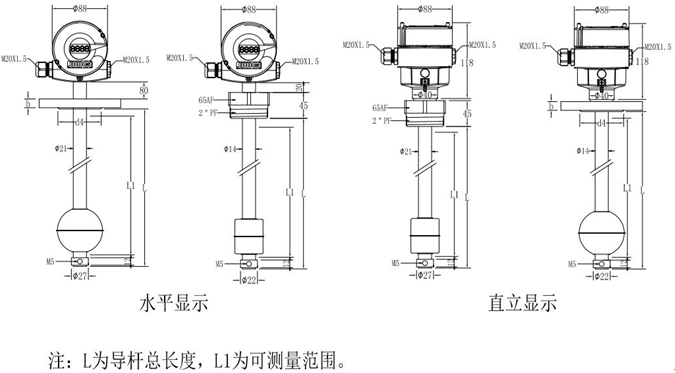 標準型浮球液位計的結構尺寸（附圖）